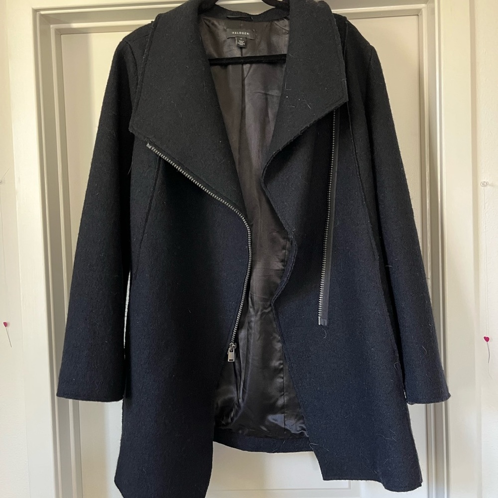 HALOGEN Asymmetrical Zip Boiled Wool Blend Coat XL